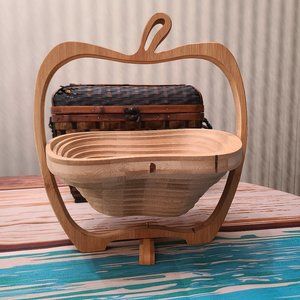 Oh Nuts! Collapsible Accordion Bamboo Apple Shaped Nut Snack Basket Bowl